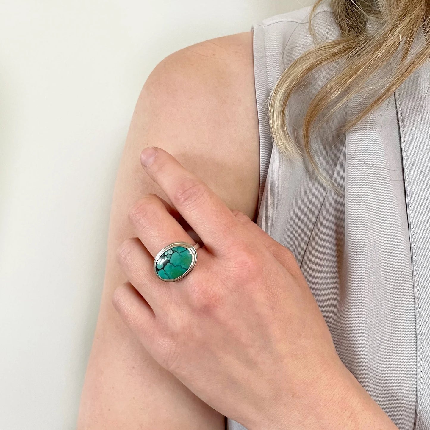 Large Horizontal Oval Turquoise Ring | Size 7.75