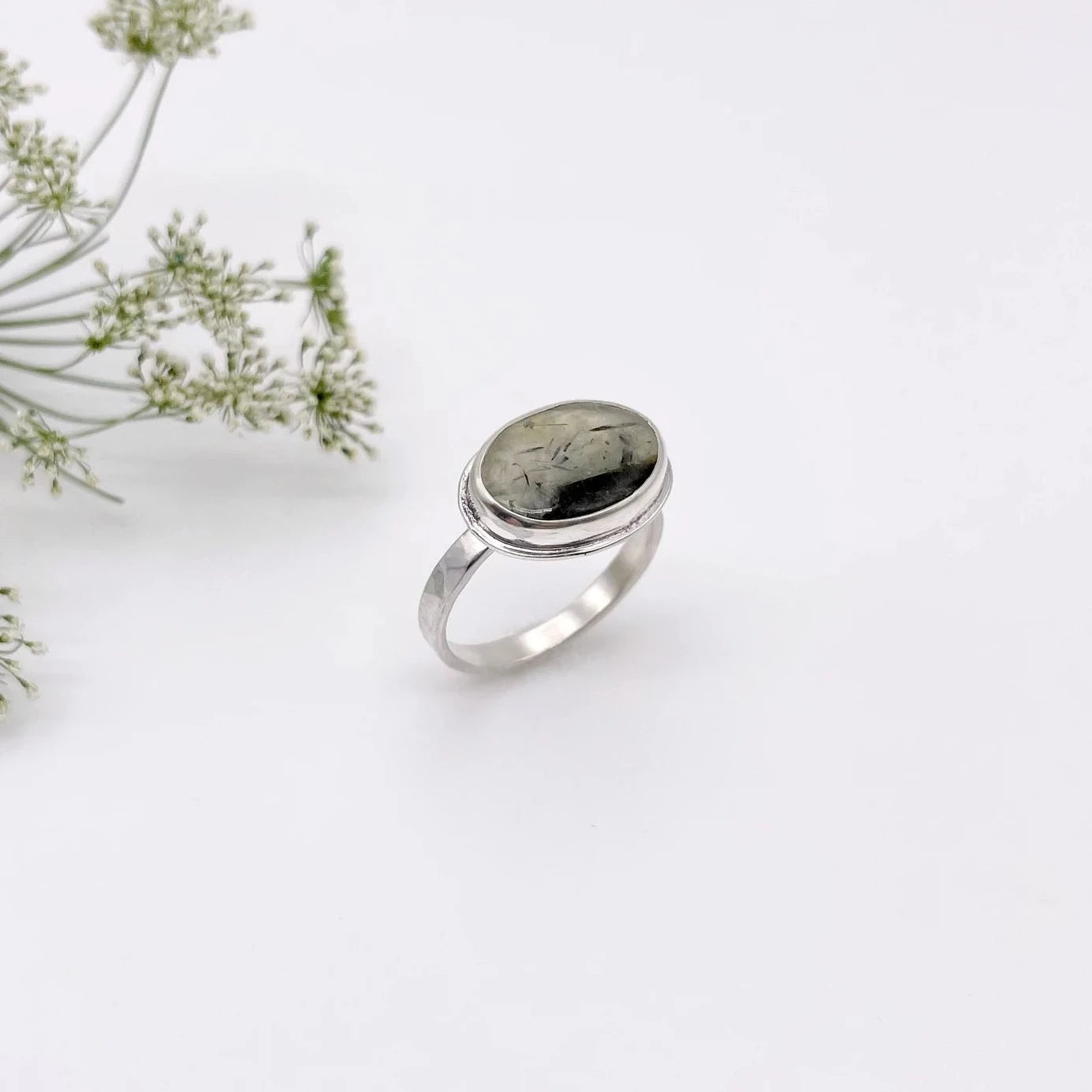 Horizontal Oval Prehnite Ring | Size 7.5