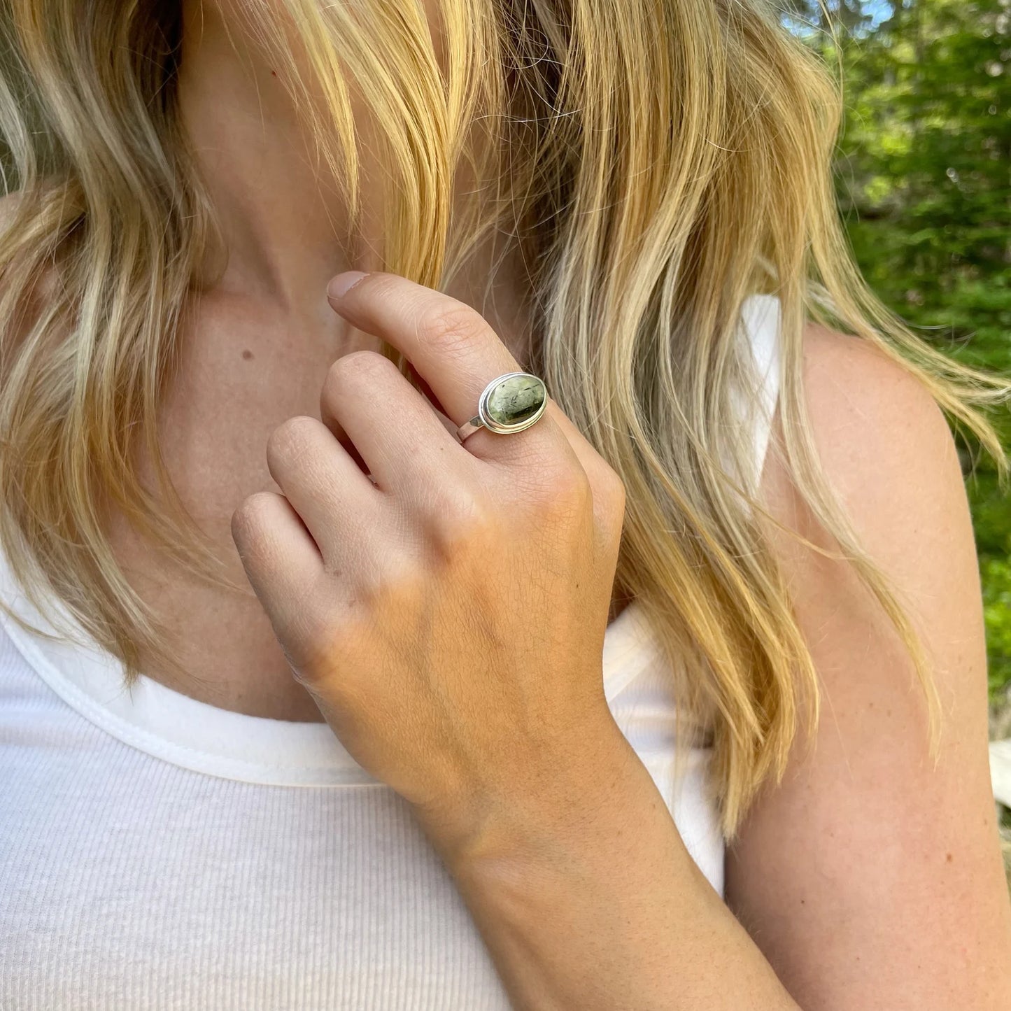 Horizontal Oval Prehnite Ring | Size 7.5