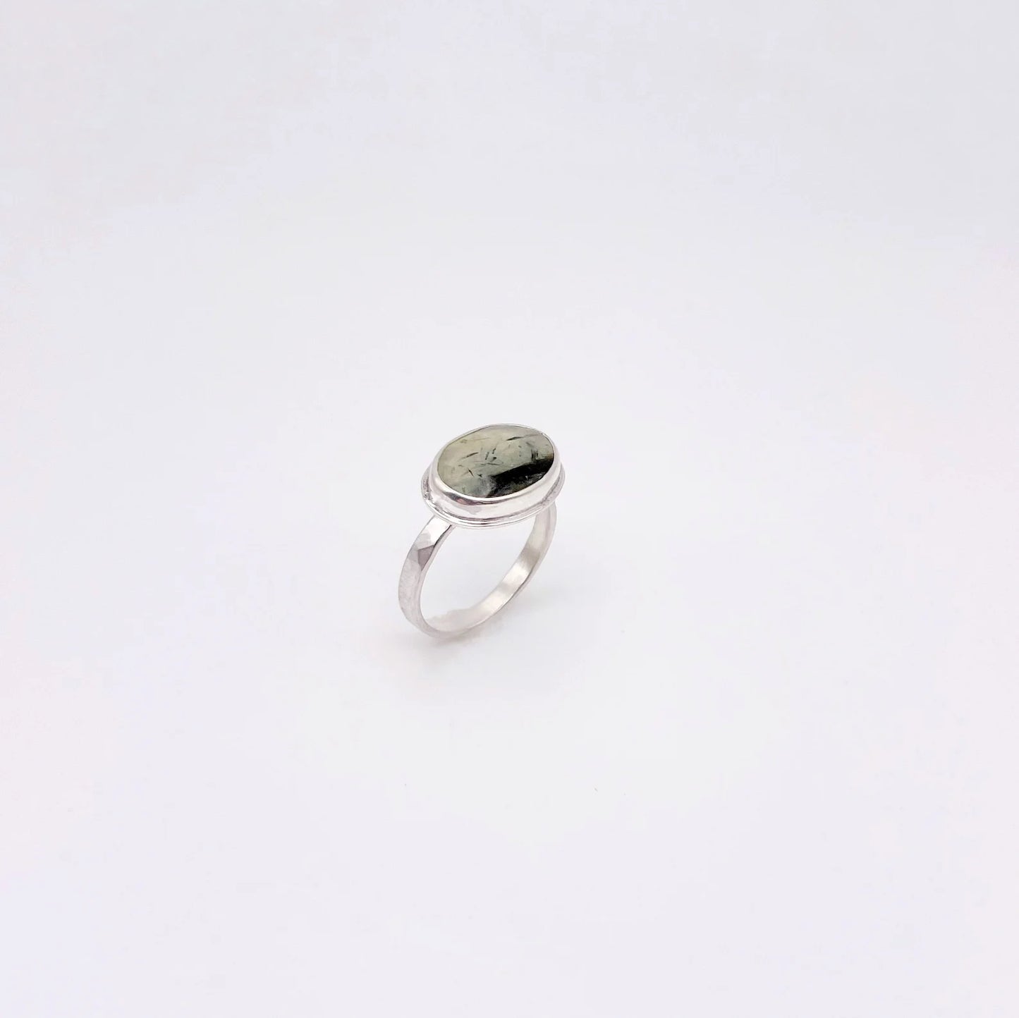 Horizontal Oval Prehnite Ring | Size 7.5