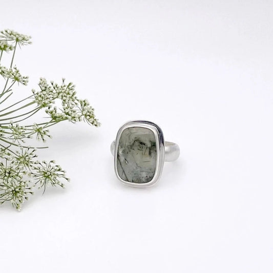 Green Prehnite Large Rectangle Ring | Size 8.5